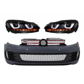 Front Bumper  suitable for VW Golf VI 6 (2008-2013) GTI Look with Headlights Golf 7 3D LED DRL U-Design LED Flowing Turning Light Red Stripe GTI RHD