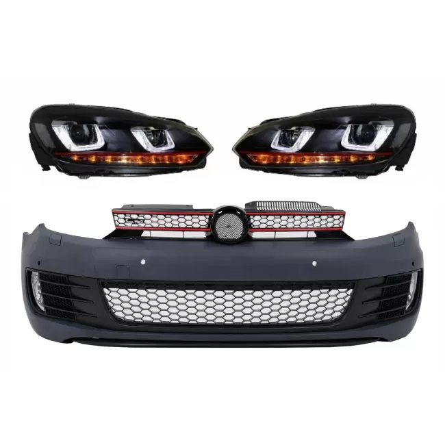 Front Bumper  suitable for VW Golf VI 6 (2008-2013) GTI Look with Headlights Golf 7 3D LED DRL U-Design LED Flowing Turning Light Red Stripe GTI RHD