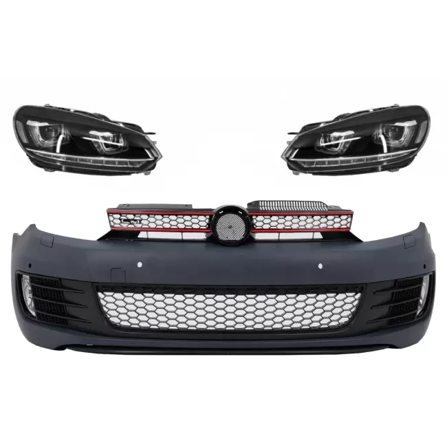 Front Bumper with RHD Headlights LED DRL Flowing Turning Light Chrome suitable for VW Golf VI 6 (2008-2013) GTI U Design
