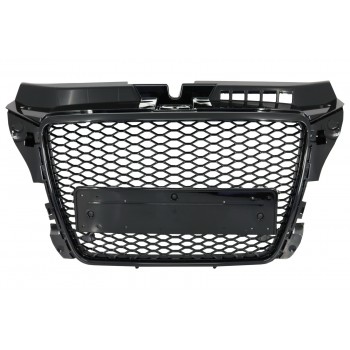 Badgeless Front Grille suitable for Audi A3 8P Facelift (2007-2012) RS Design Honeycomb Piano Black Grille With PDC Covers