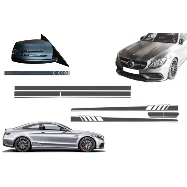 Set Sticker Side Decals & Upper Bonnet Roof Tailgate & Sticker Mirror Dark Grey suitable for Mercedes C205 Coupe A205 Cabriolet (2014-2016) A45 Design Edition 1