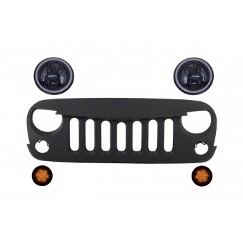 Priekinės grotelės su „Cree LED“ priekiniais žibintais „Angel Eye“ ir pasukite signalo šviesą, tinkančią „Jeep Wrangler Rubicon JK 2007-2017“