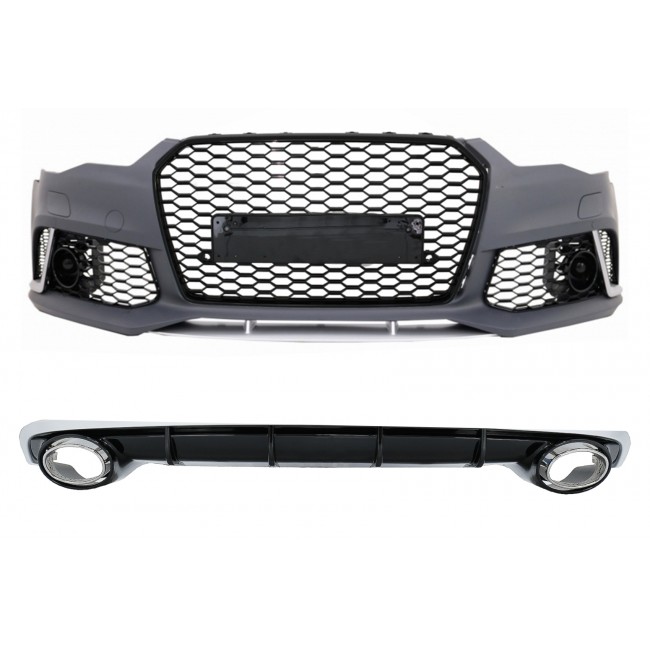 Front Bumper suitable for Audi A6 4G Facelift (2015-2018) and Rear Bumper Valance Diffuser With Exhaust Tips RS6 Design