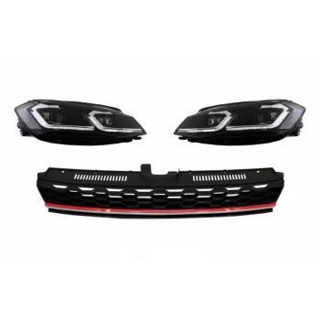 Central Badgeless Grille with RHD LED Headlights Sequential Dynamic Turning Lights suitable for VW Golf 7.5 VII Facelift (2017-up) GTI Design Red and Chrome