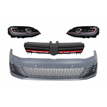 Priekinis buferis su centrinėmis grotelėmis ir LED priekiniais žibintais nuosekliais dinaminiais posūkio žibintais, tinkančiais „VW Golf VII 7 5G“ (2013–2017) GTI Look