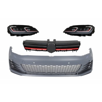 Priekinis buferis su centrinėmis grotelėmis ir RHD LED priekiniais žibintais nuosekliais dinaminiais posūkio žibintais, tinkančiais „VW Golf VII 7 5G“ (2013-2017) GTI Look